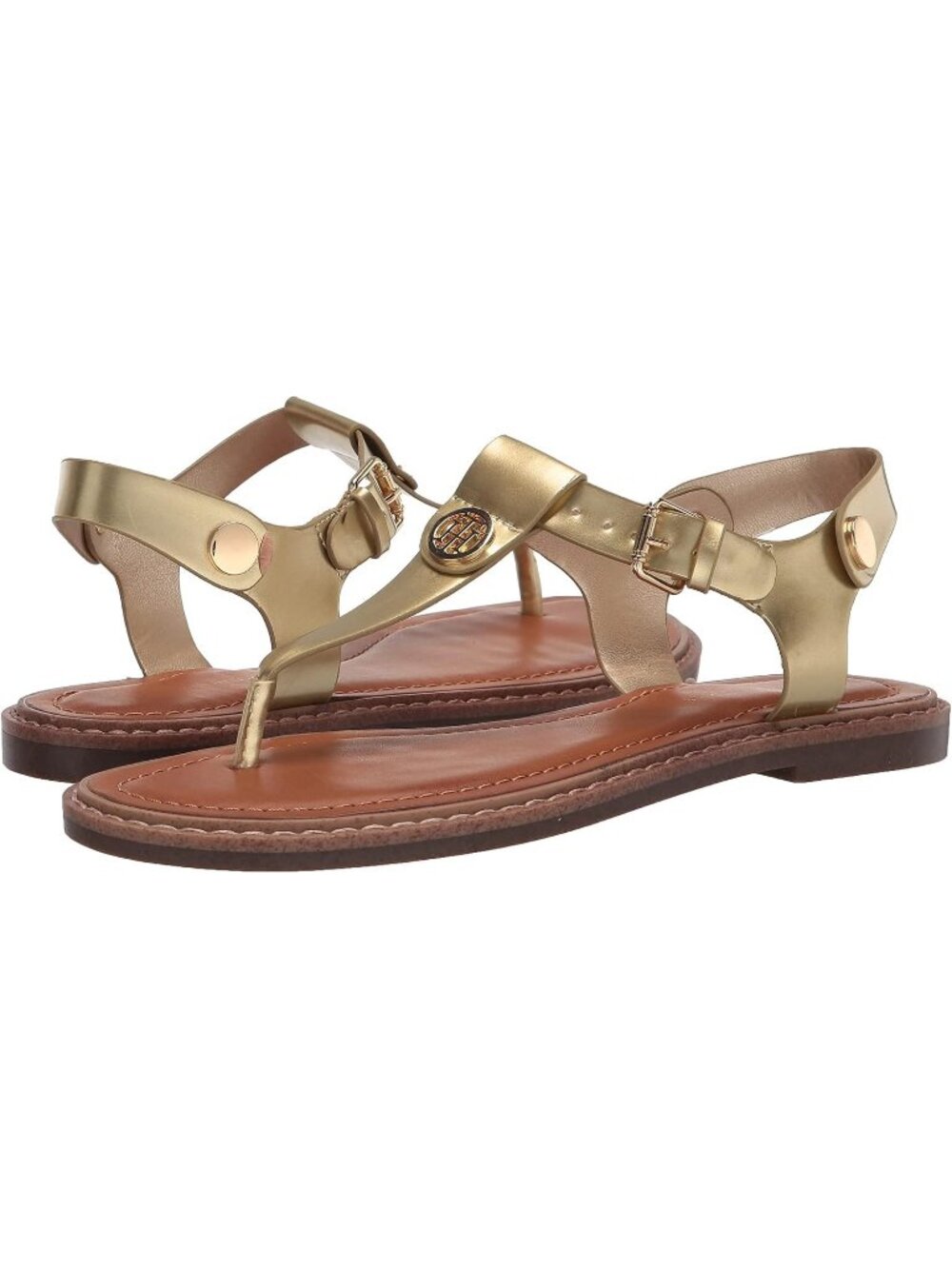 Women's Gold Patent Almond Toe T-Strap Foam Footbed Walking Casual Sandal Shoes